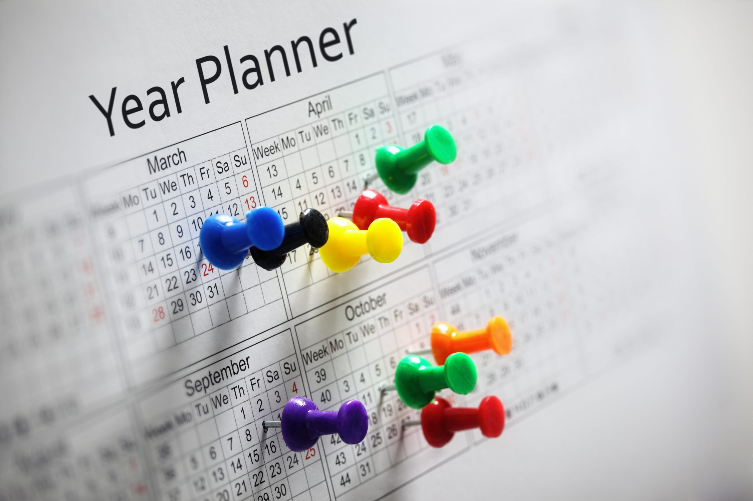 Year planner with colorful thumbtacks